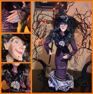 2ft Halloween Glam Witch Doll Figurine Leopard Print Dress Faux Fur Rhinestones